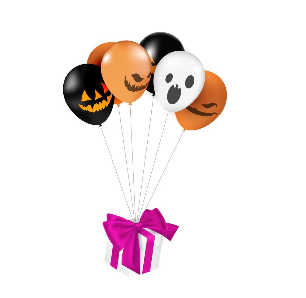 tarjeta de halloween con globos de helio y regalos. ilustración vectorial de globo de halloween y caja de regalo vector