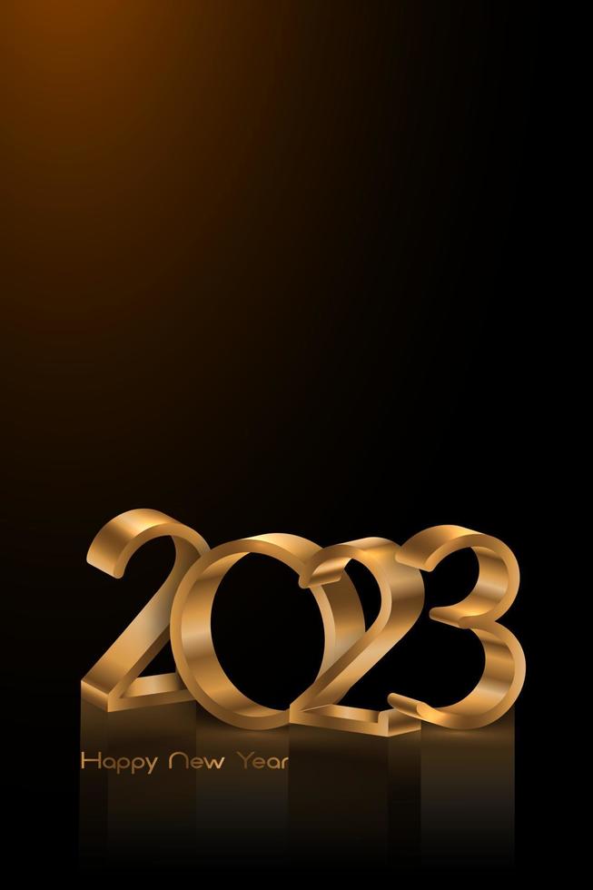2023 golden 3D numbers, Happy New Year. Vertical banner Christmas theme. Holiday design for greeting card, invitation, calendar, party, gold luxury vip, vector isolated on black background