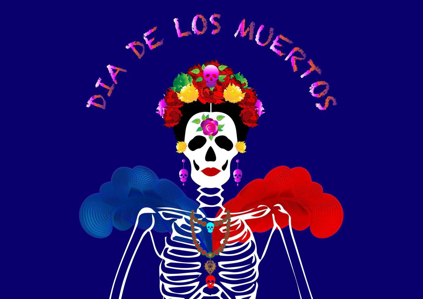 Dia de los muertos, Day of the dead Mexican holiday festival. Woman skull with make up of Catrina with flowers crown. Poster, banner and card with sugar skull vector