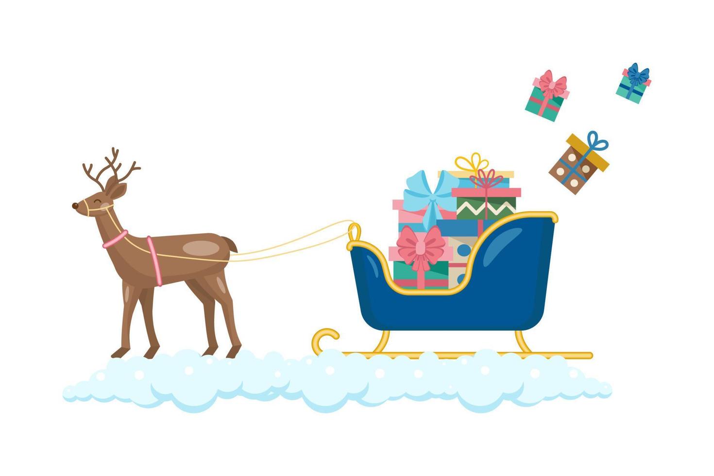 Gift boxes on a sled with a deer. vector illustration