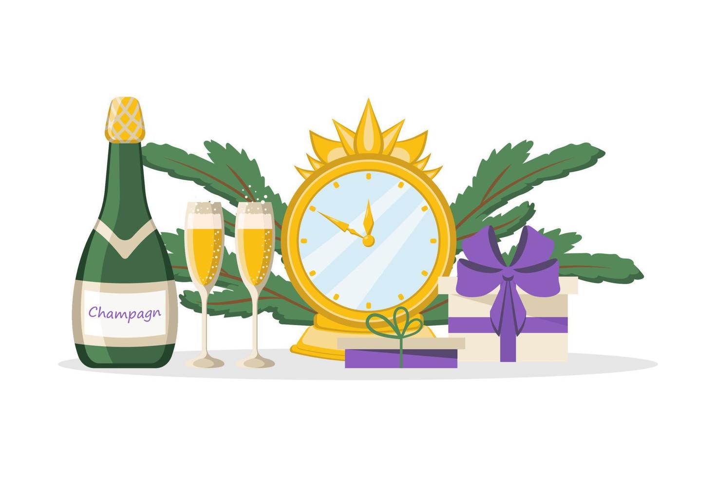 champán, relojes y regalos sobre un fondo blanco. ilustración vectorial vector