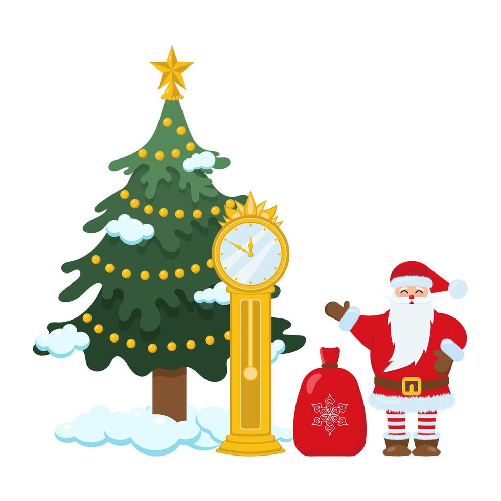 Santa Claus stands next to the Christmas tree and the clock. vector illustration