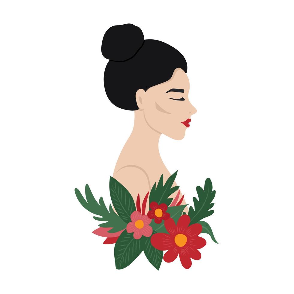 Young beautiful woman with a tuft on her head and flowers. vector illustration