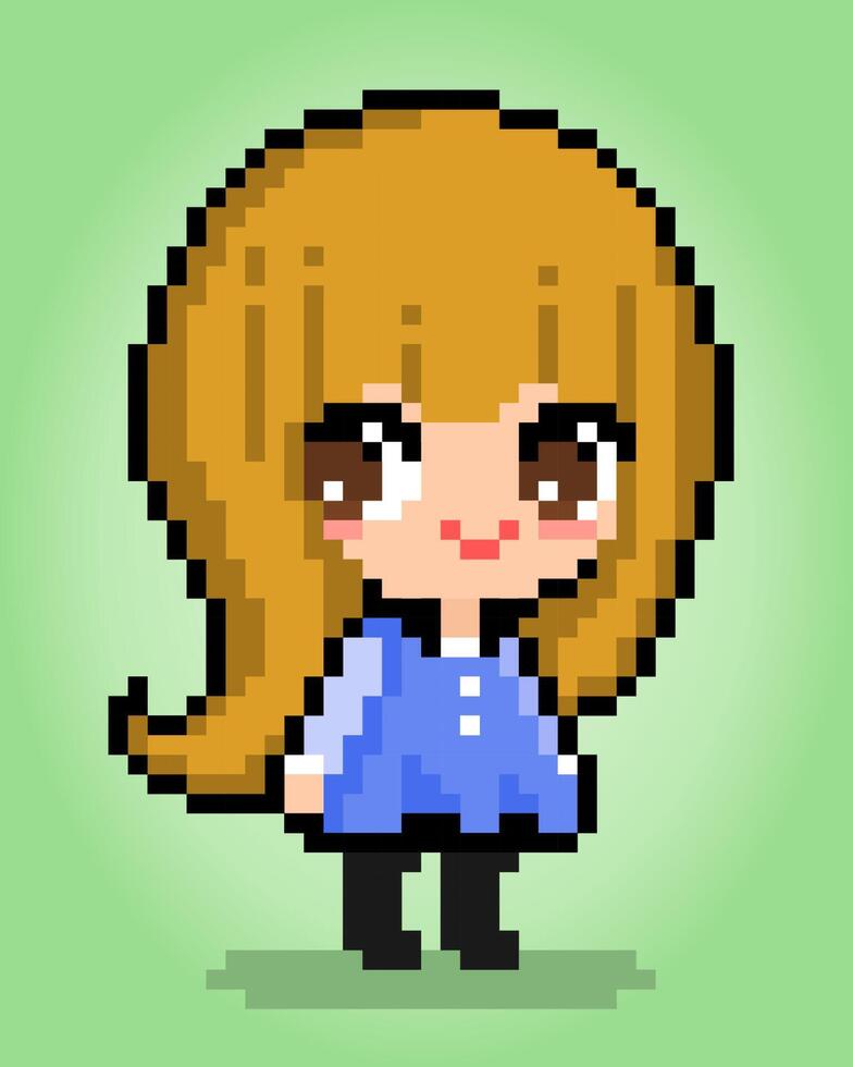 Personaje femenino de 8 bits de píxeles. chica de dibujos animados de anime en ilustraciones vectoriales para activos de juegos o patrones de punto de cruz. vector