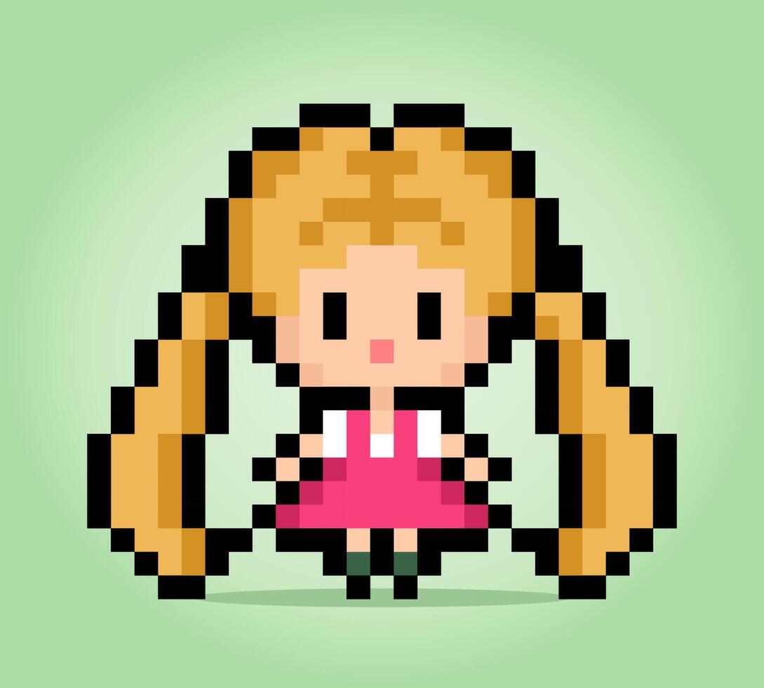 8 bit little girl character in pixels. Human pixels in vector illustrations for game assets or cross stitch patterns.