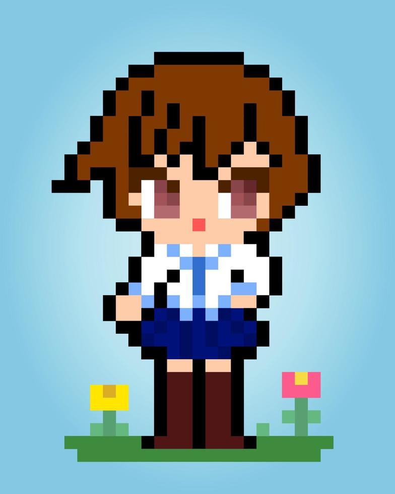 Personaje femenino de 8 bits de píxeles. niña de la escuela de píxeles en ilustraciones vectoriales para activos de juegos o patrones de punto cruzado. vector