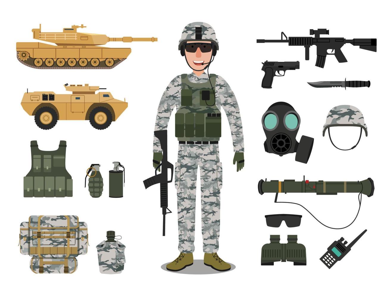 personaje de soldado del ejército con vehículo militar, armas, equipo y equipo militar vector