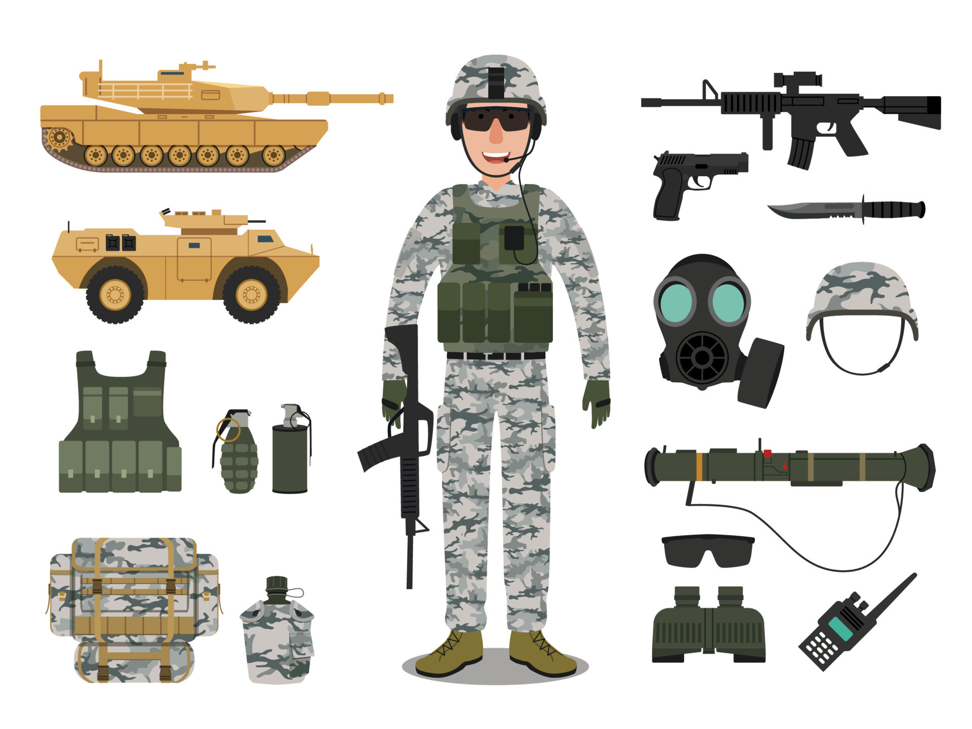 Army soldier character with military vehicle, weapons, military gear