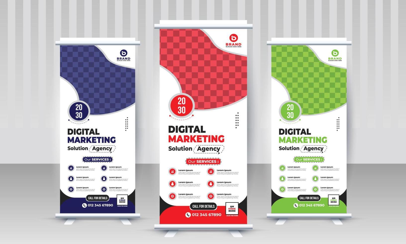 creativo moderno moderno marketing corporativo negocio standee x rollup pullup señalización retráctil banner diseño múltiple rojo azul verde color variante vector plantilla