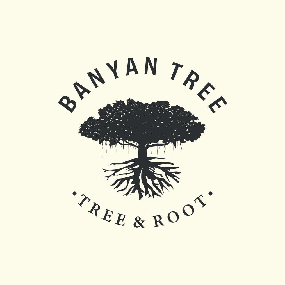 árbol banyan con ilustración de diseño de vector de logotipo de estilo vintage, diseño de icono de árbol de roble