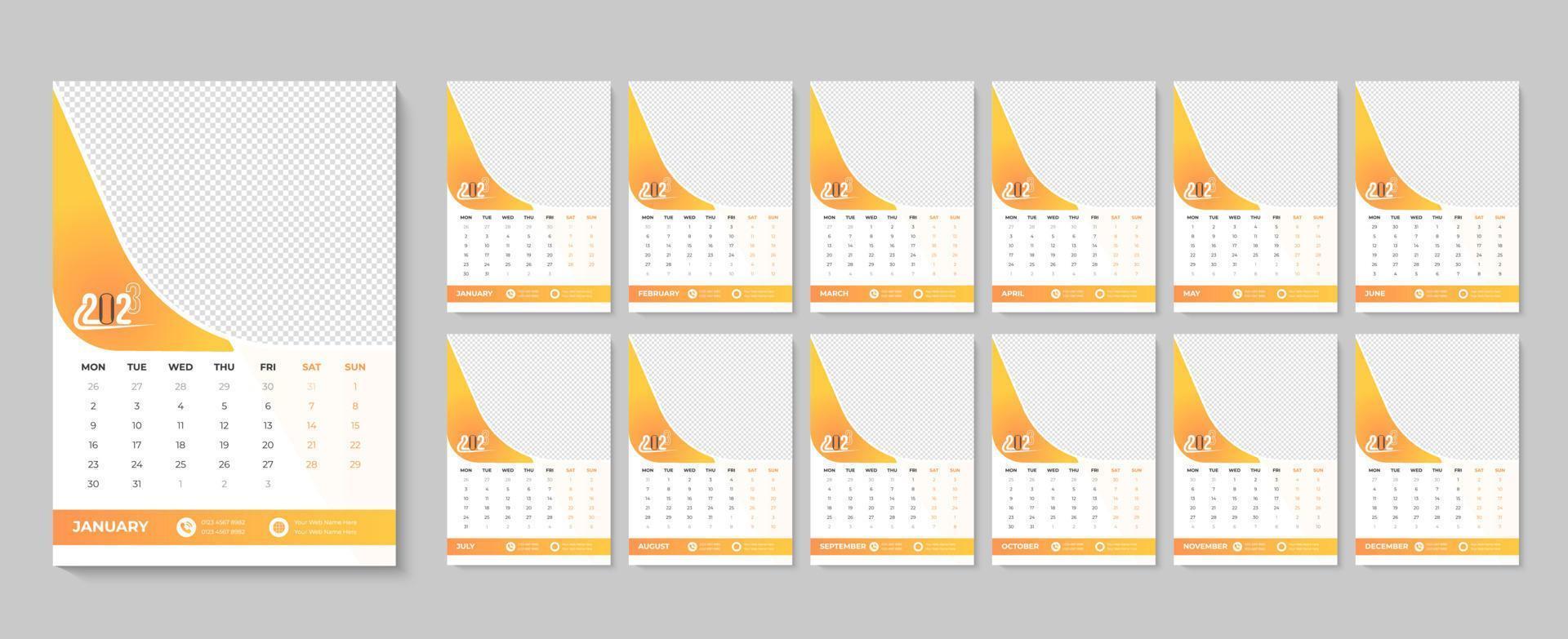Diseño de calendario de pared 2023 con plantilla de calendarios comerciales imprimibles mensuales pro vector