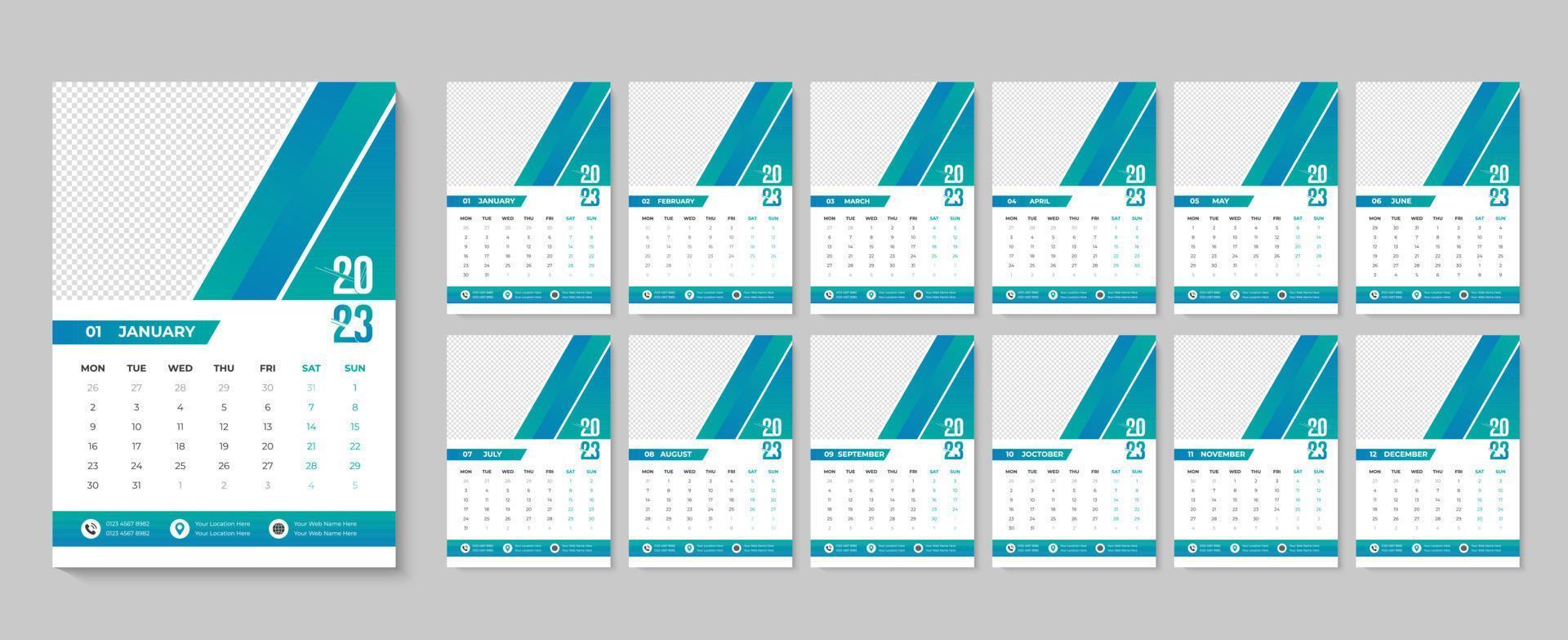 feliz año nuevo 2023 diseño de calendario de pared, plantilla de calendarios imprimibles de eventos mensuales y anuales descarga profesional vector