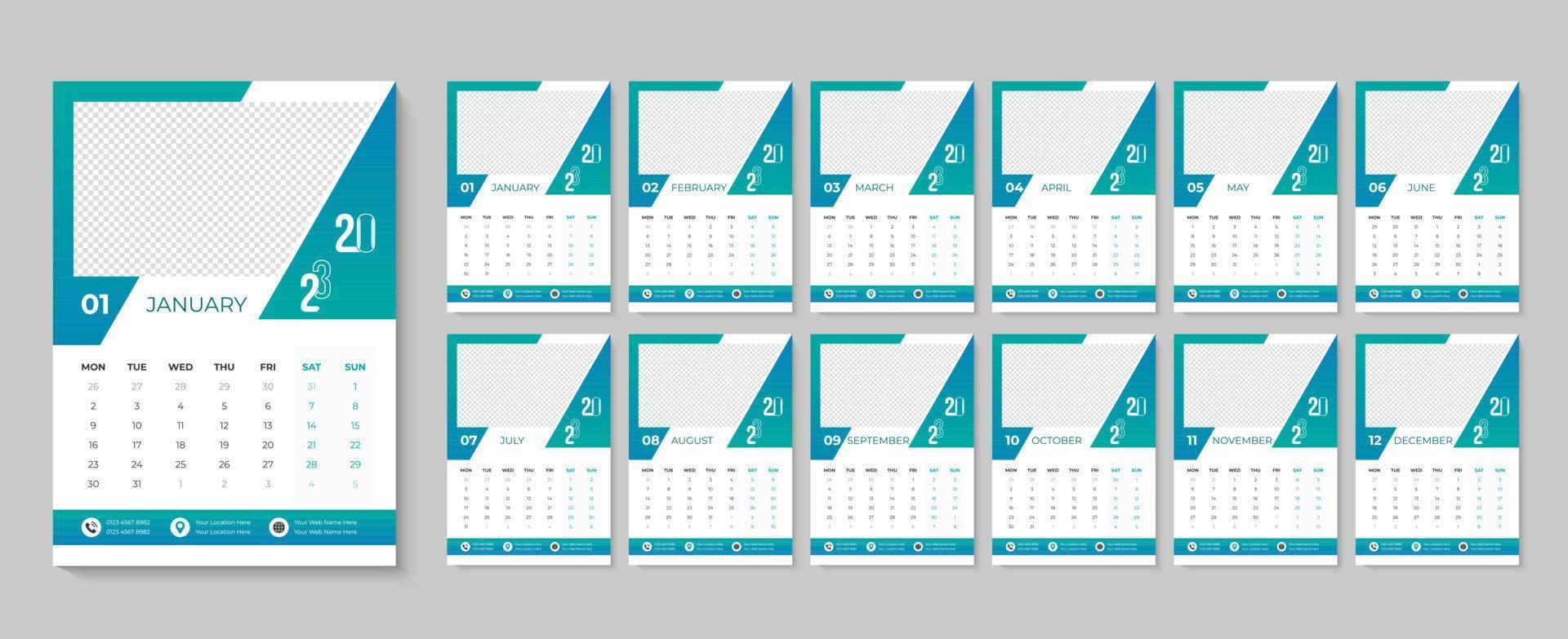 feliz año nuevo 2023 diseño de calendario de pared, plantilla de calendarios imprimibles de eventos mensuales y anuales para agencia de negocios pro vector