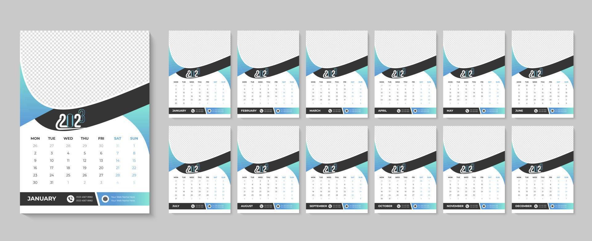 feliz año nuevo 2023 diseño de calendario de pared, plantilla de calendarios imprimibles de eventos mensuales y anuales descarga profesional vector