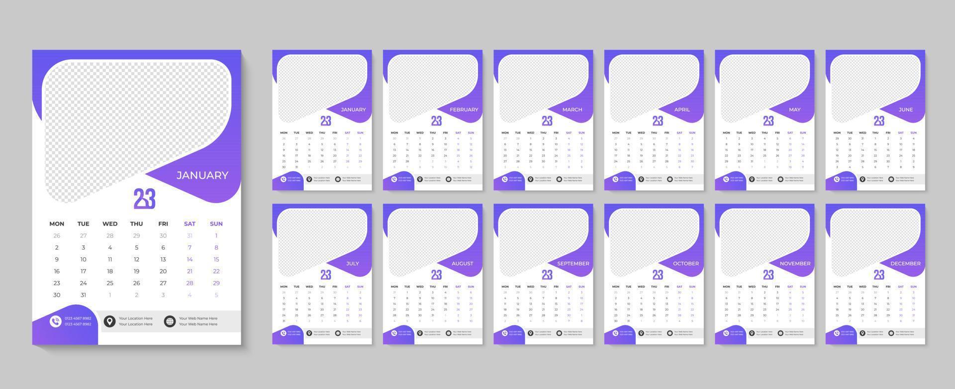 diseño de calendario 2023 plantilla de calendario de pared mensual y anual para descarga profesional de feliz año nuevo vector