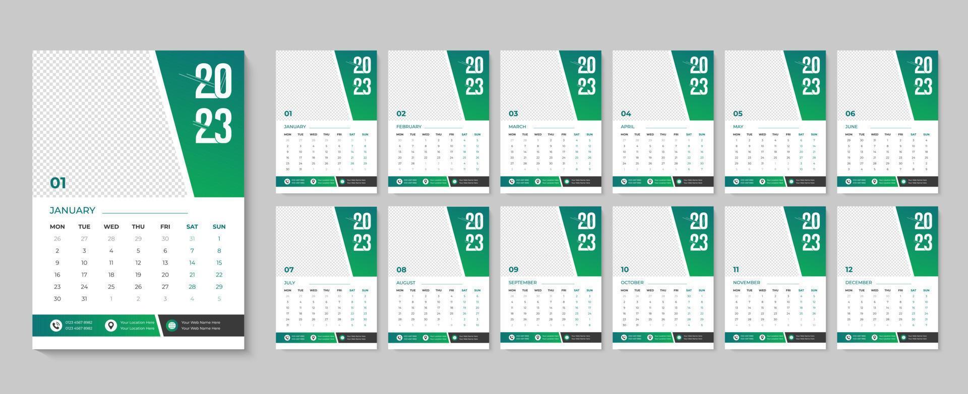 Diseño de calendario de pared 2023 plantilla de calendario mensual y anual descarga profesional vector