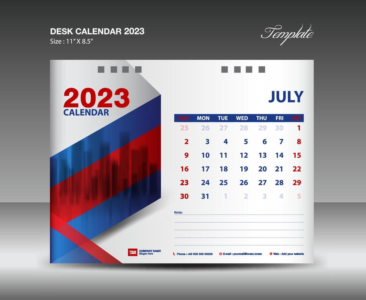 plantilla de julio de 2023: calendario de escritorio plantilla de año 2023, calendario de pared año 2023, semana comienza el domingo, diseño de planificador, diseño de papelería, diseño de volante, medios de impresión, vector de fondo rojo y azul