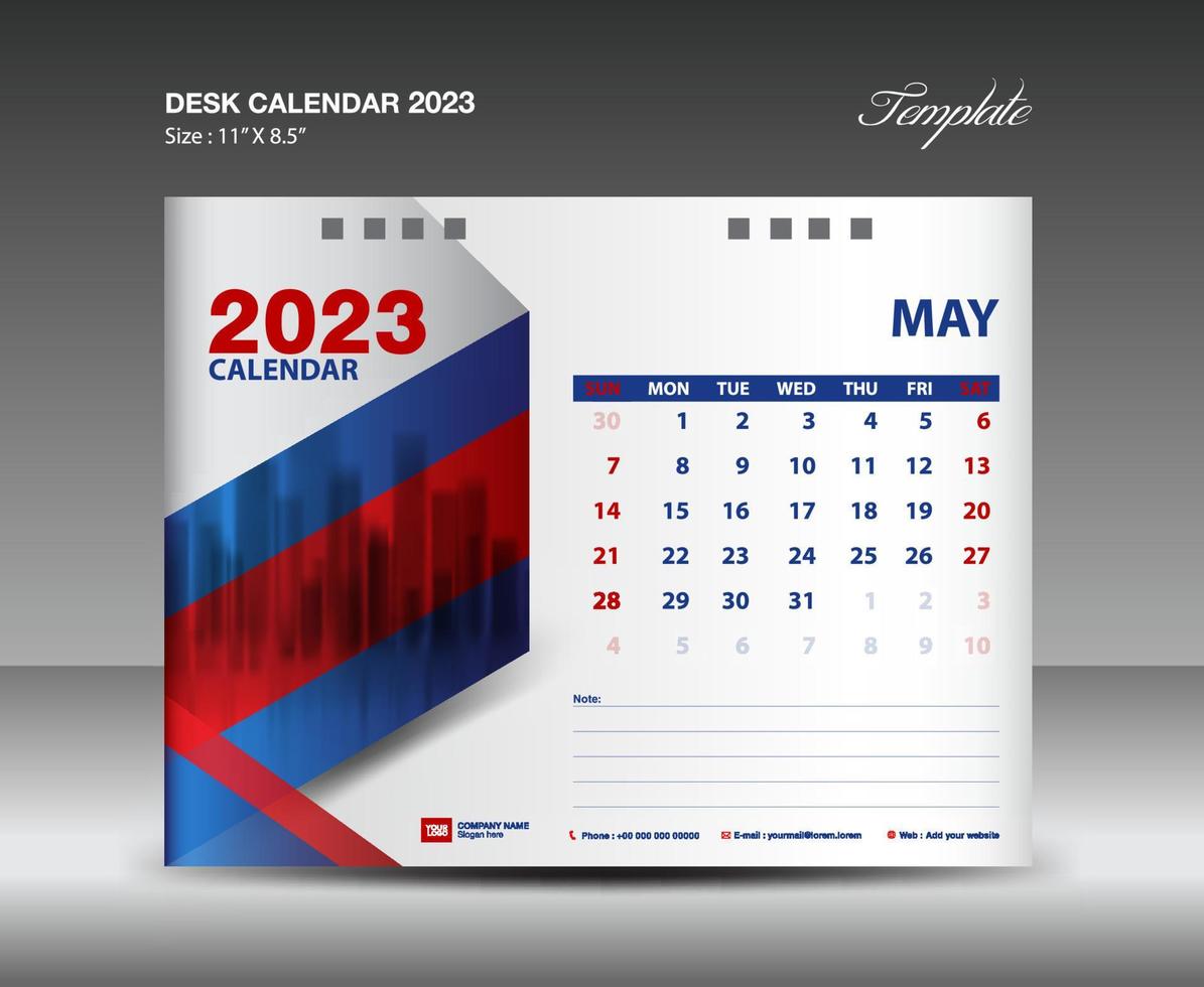 plantilla de mayo de 2023: calendario de escritorio plantilla de año 2023, calendario de pared año 2023, semana comienza el domingo, diseño de planificador, diseño de papelería, diseño de volante, medios de impresión, vector de fondo rojo y azul