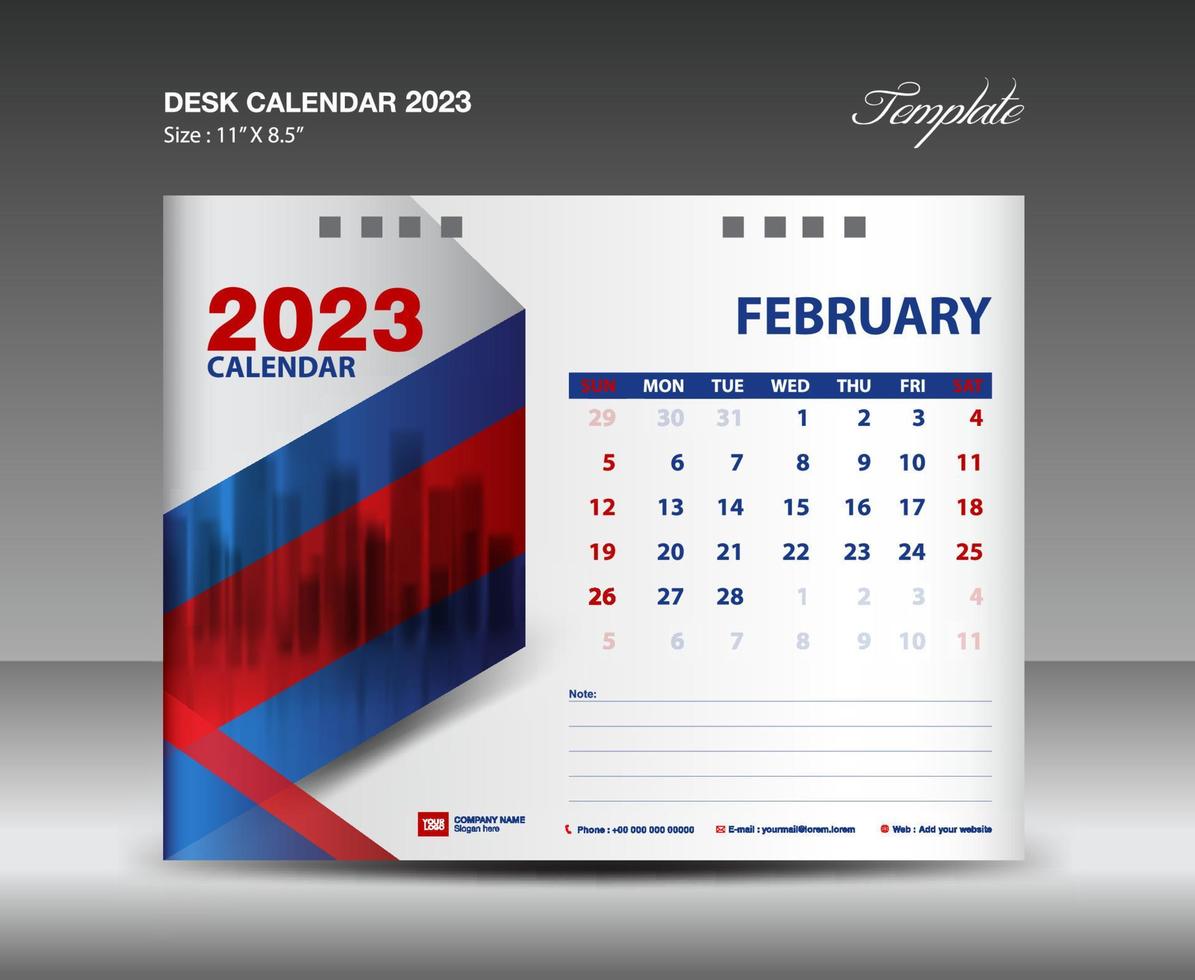 plantilla de febrero de 2023: calendario de escritorio plantilla de año 2023, calendario de pared año 2023, semana comienza el domingo, diseño de planificador, diseño de papelería, diseño de volante, medios de impresión, vector de fondo rojo y azul