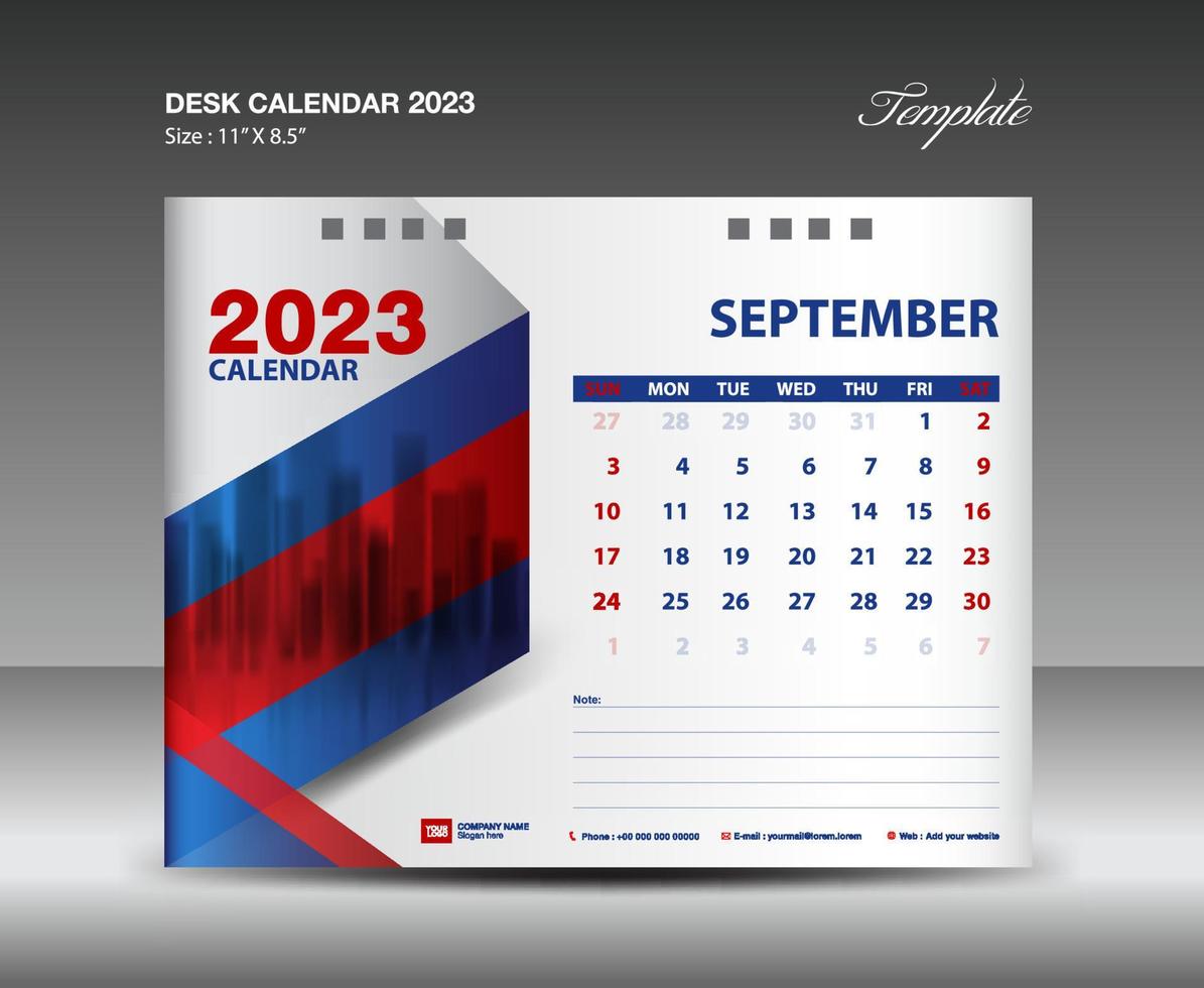 plantilla de septiembre de 2023: calendario de escritorio plantilla de año 2023, calendario de pared año 2023, semana comienza el domingo, diseño de planificador, diseño de papelería, diseño de volante, medios de impresión, vector de fondo rojo y azul