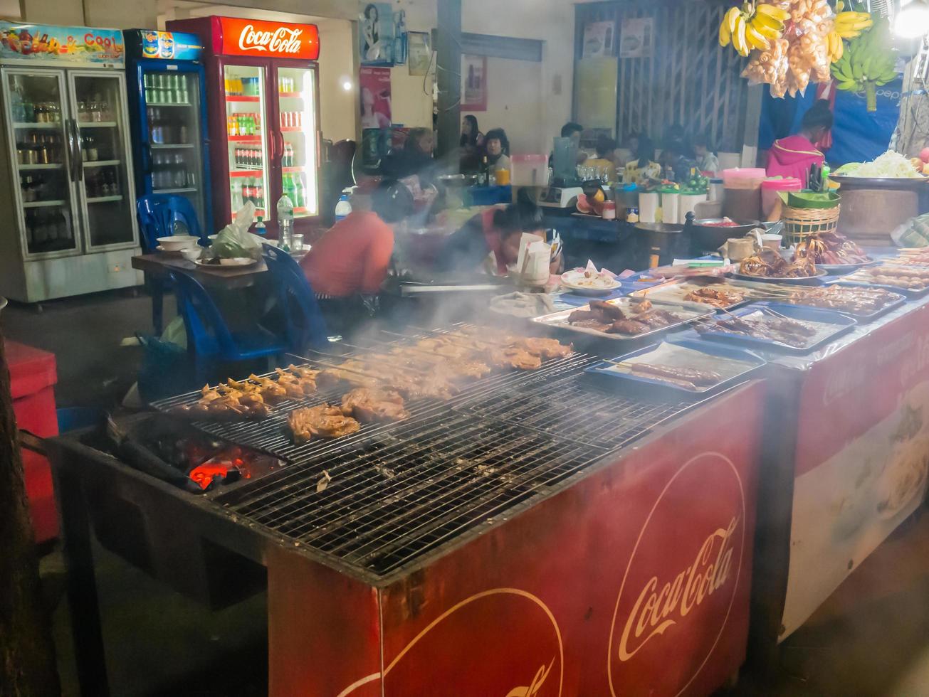 Vangvieng.lao-10 Dec 2017.Local restaurant on vangvieng downtown in the night Lao.Vangvieng City The famous holiday destination town in Lao. photo