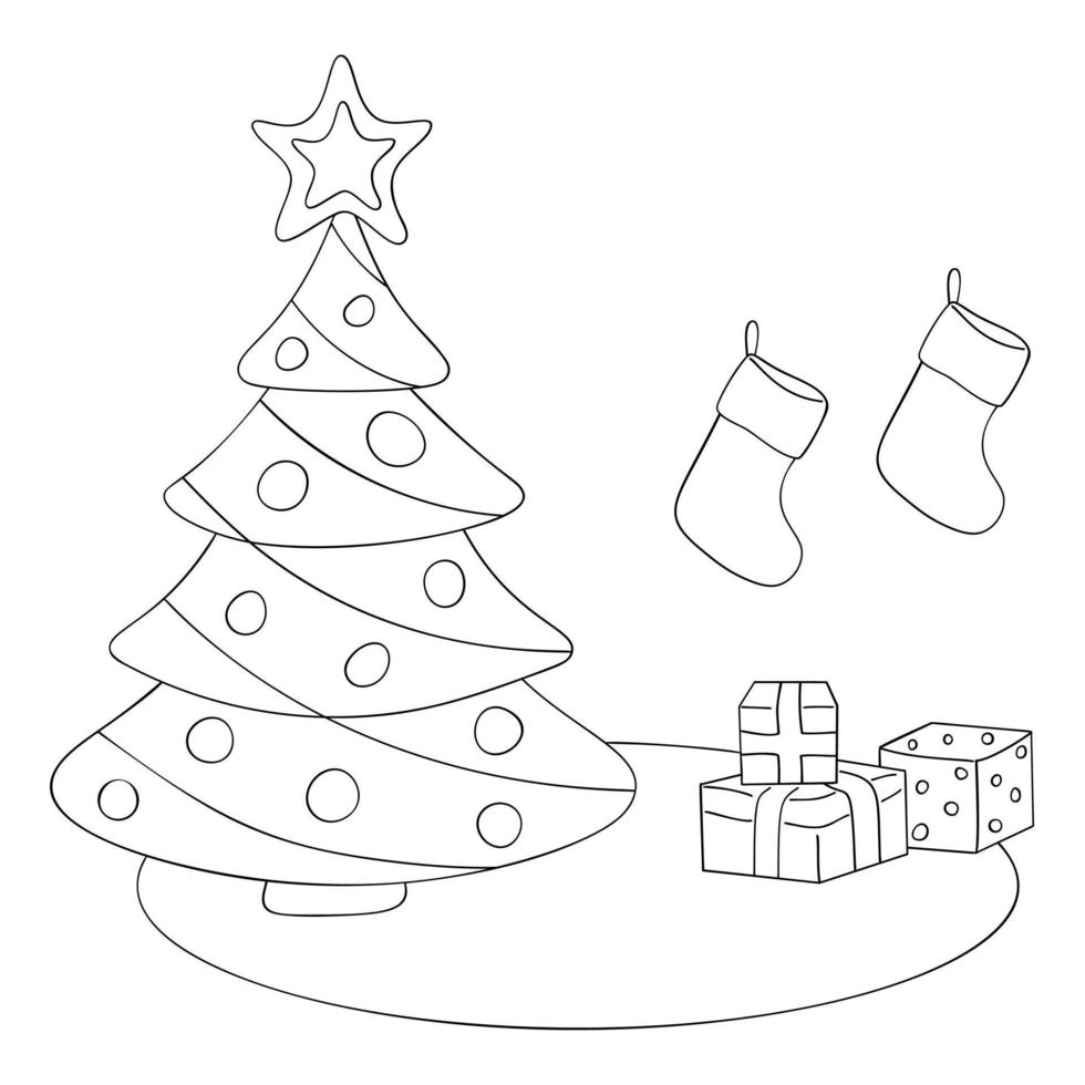 Doodle illustration of a Christmas tree with gift box outline on a
