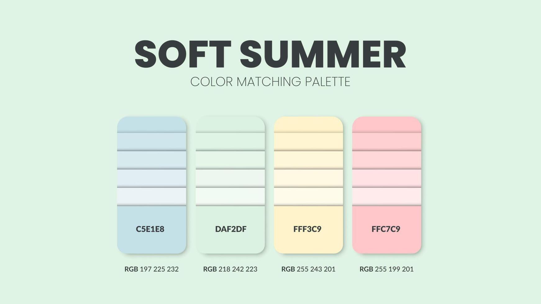 Soft summer color guide book cards samples. Color theme palettes or color schemes collection. Colour combinations in RGB or HEX. Set of trend color swatch cataloque inspiration for fashion or design. vector