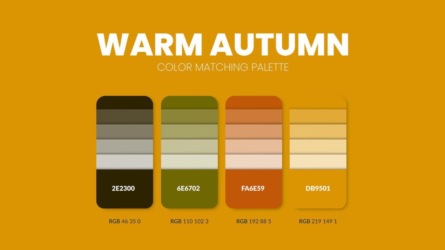 Warm Autumn color guide book cards samples. Color theme palettes or color schemes collection. Colour combinations in RGB or HEX. Set of trend color swatch cataloque inspiration for fashion or design. vector