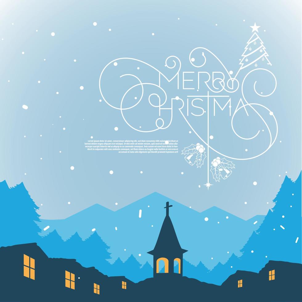 Snowy Village at night Christmas Greeting banner template illustration vector