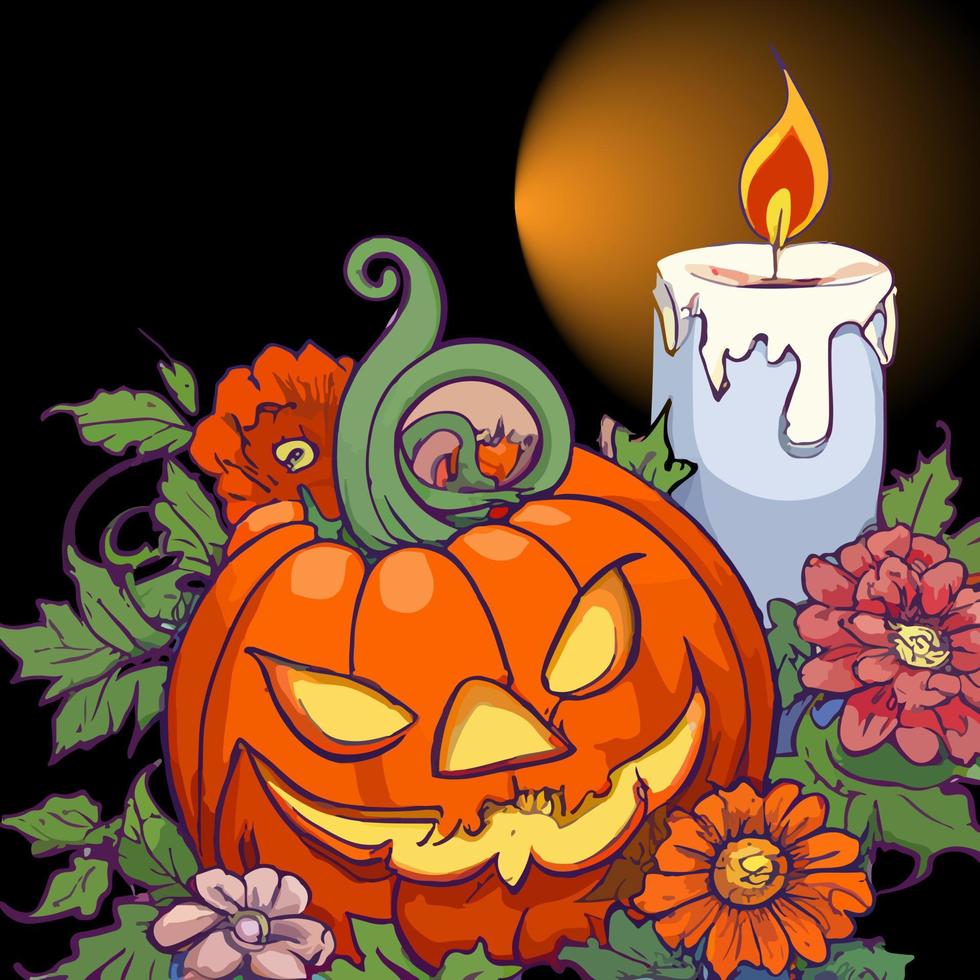 halloween pumpkin, candles and flowers on black background vector