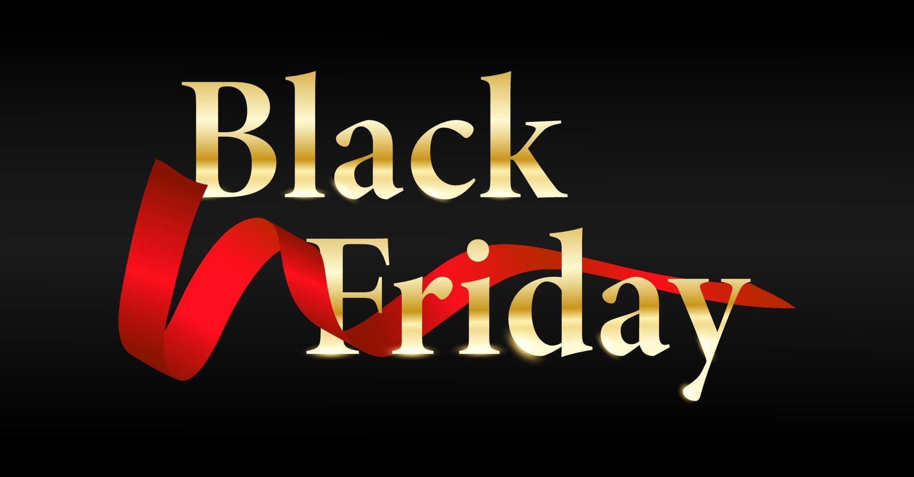 Black Friday written with golden color. black friday letter golden color with red ribbon on black background, black briday typography for banner, flyer, greeting card, calendar. isolated vector design