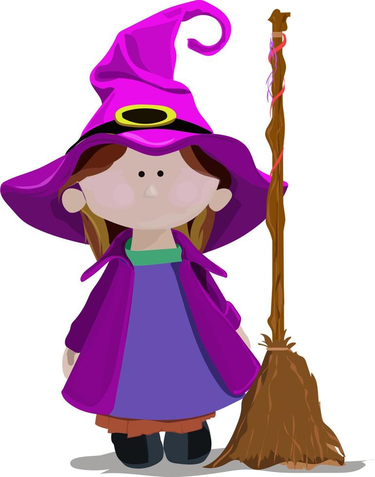 illustration of a little witch, with a purple magic hat, and a broomstick vector