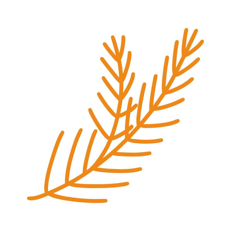 Christmas tree golden branch vector icon. Hand drawn illustration isolated on white. A sprig of a coniferous plant with thorns. Simple botanical doodle. Flat clipart for card design, posters, print