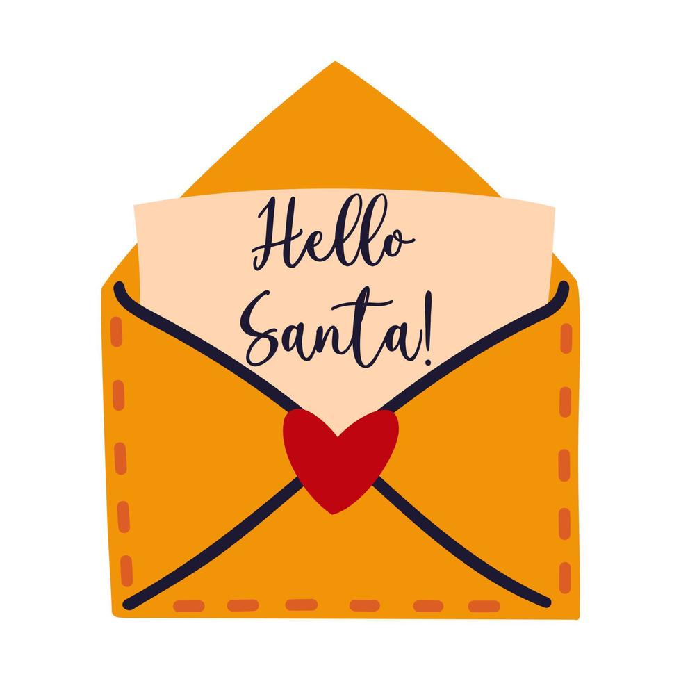 Christmas wish list letter to Santa Claus. Open holiday envelope with paper, text. Message to the North Pole. Flat cartoon illustration isolated on white. Vector New Year clipart for cards, posters