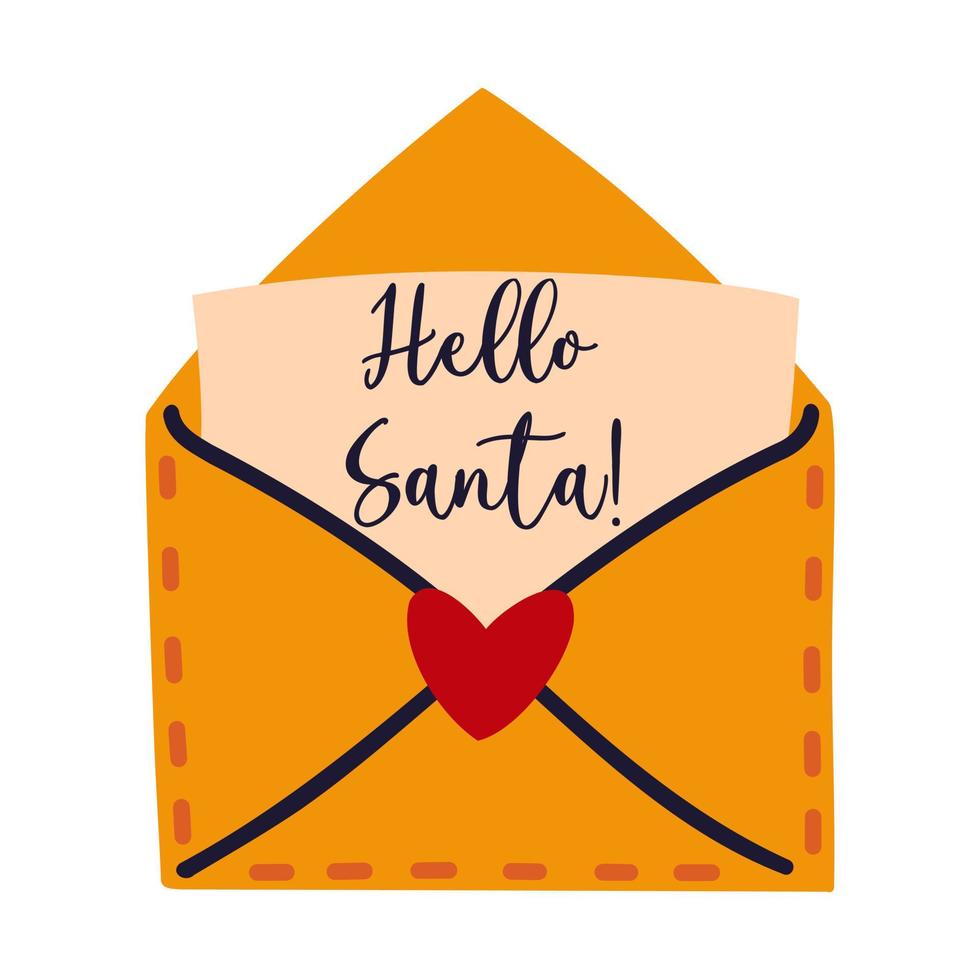 carta de lista de deseos de navidad para santa claus. abrir sobre de vacaciones con papel, texto. mensaje al polo norte. ilustración de dibujos animados plana aislada en blanco. vector clipart de año nuevo para tarjetas, carteles