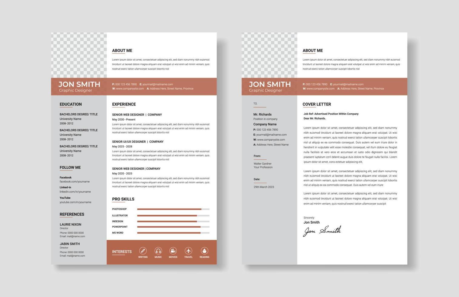 Clean and professional resume or cv template with cover letter vector