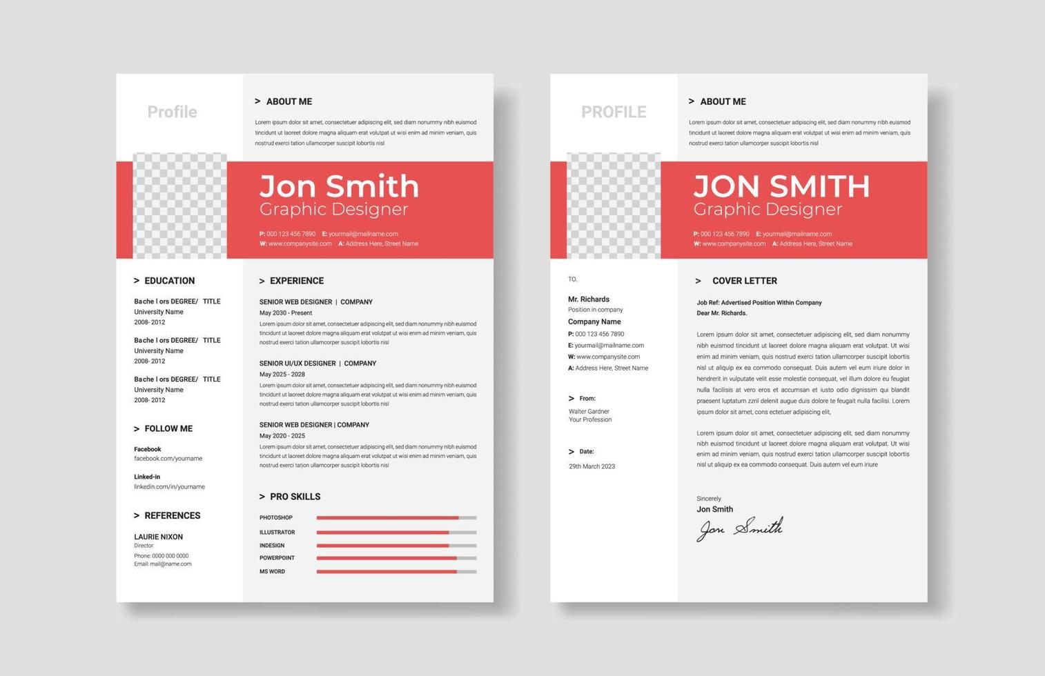 Minimalist Curriculum Vitae template and cover letter with photo. Job Applications letter vector