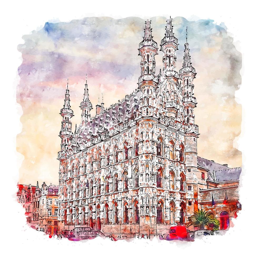Leuven Belgium Watercolor sketch hand drawn illustration vector