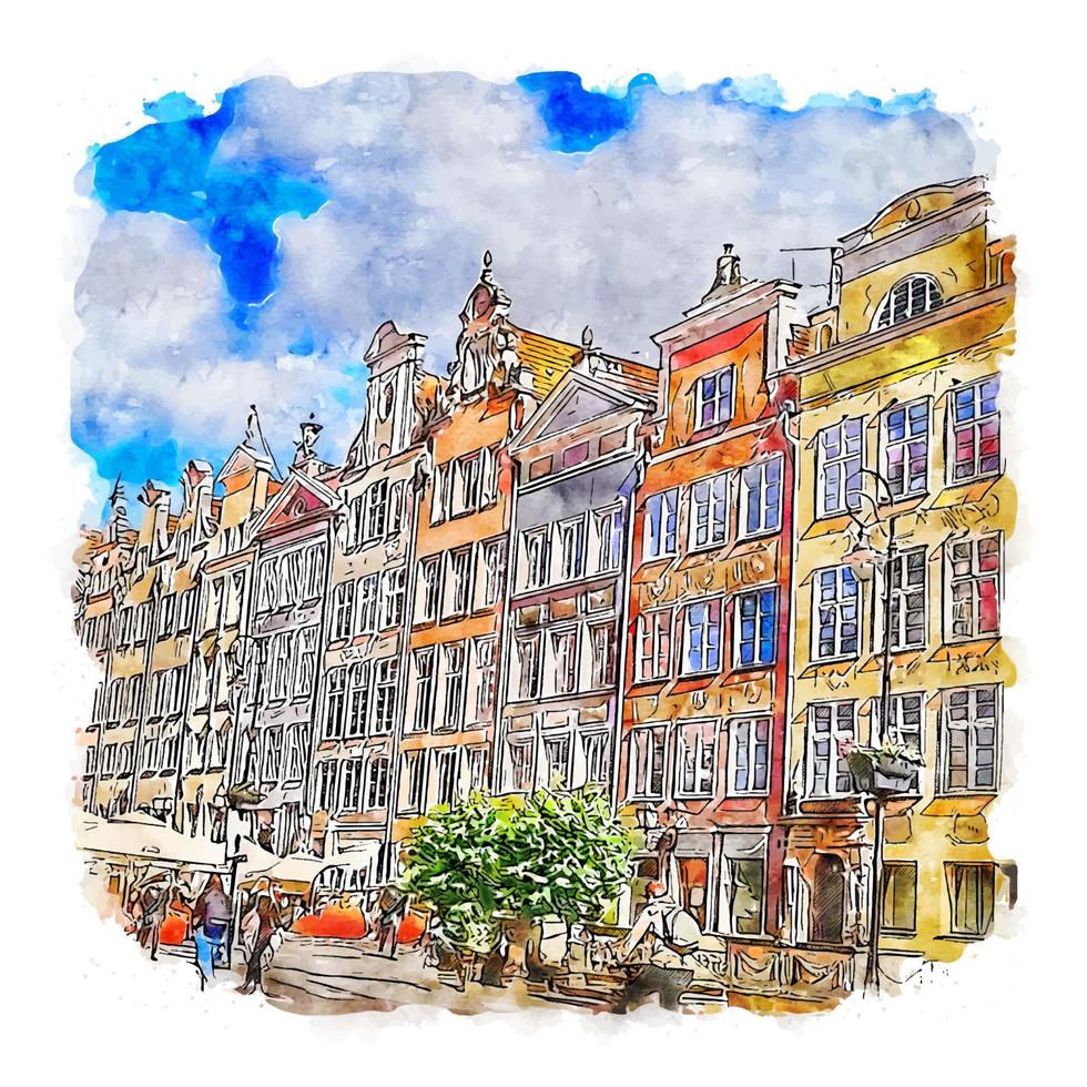 gdansk ciudad vieja polonia acuarela boceto dibujado a mano ilustración vector