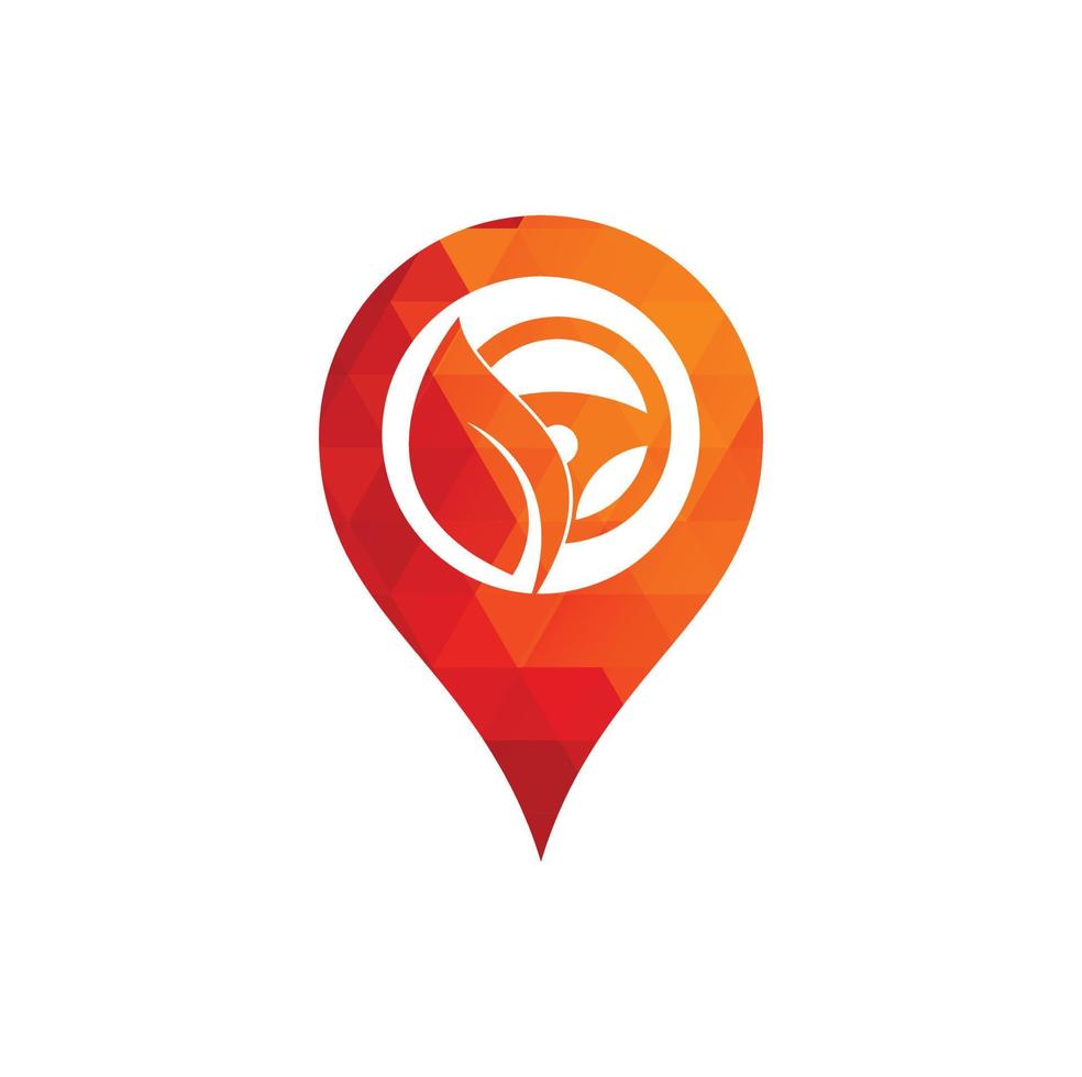 Eco steering wheel map pin shape vector logo design. Steering wheel and eco symbol or icon