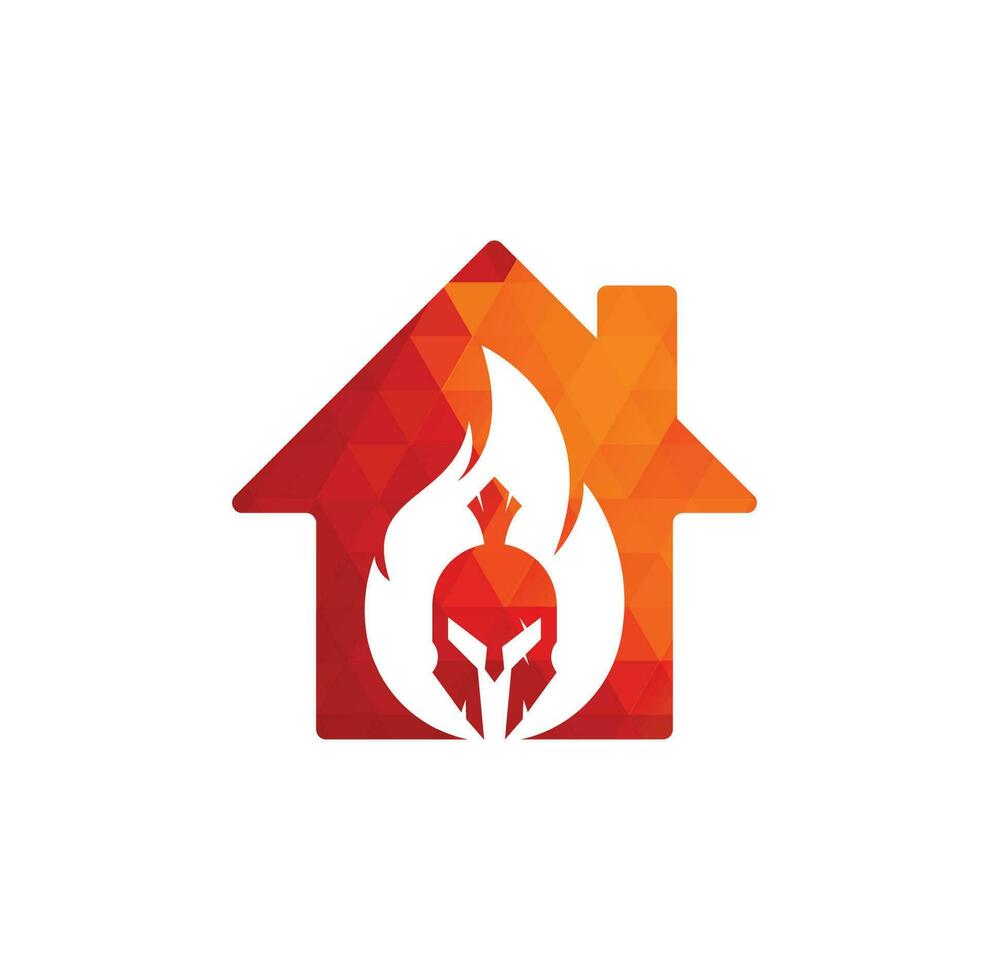Spartan fire home shape concept logo design vector. spartan helmet logo on fire. vector