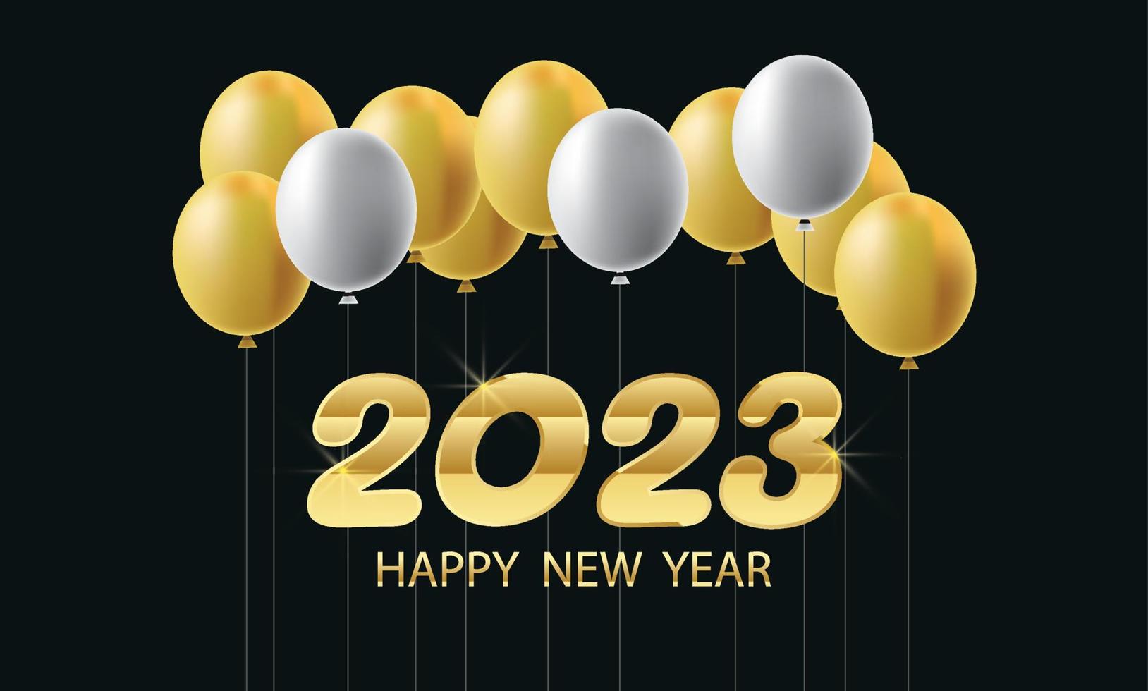 Happy new year, balloons and golden metal numbers on black background, vector design