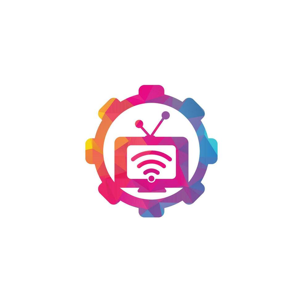 Tv and wifi gear shape concept logo vector. Television and signal symbol or icon. Unique media and radio logo vector