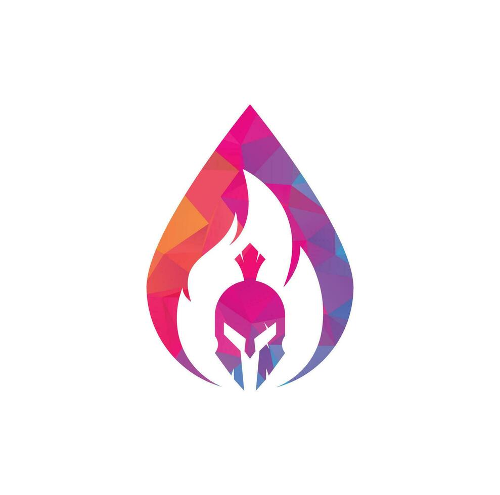 Spartan fire drop shape concept logo design vector. spartan helmet logo on fire vector