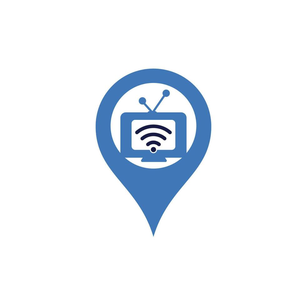 vector de logotipo de concepto de forma de pin de mapa de tv y wifi. símbolo o icono de televisión y señal. logotipo único de medios y radio