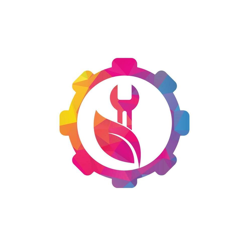Gear logo design combined with wrench and leaves. Repair service leaf nature logo design. vector