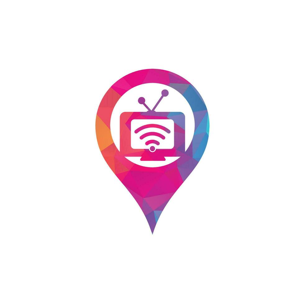 Tv and wifi map pin shape concept logo vector. Television and signal symbol or icon. Unique media and radio logo vector
