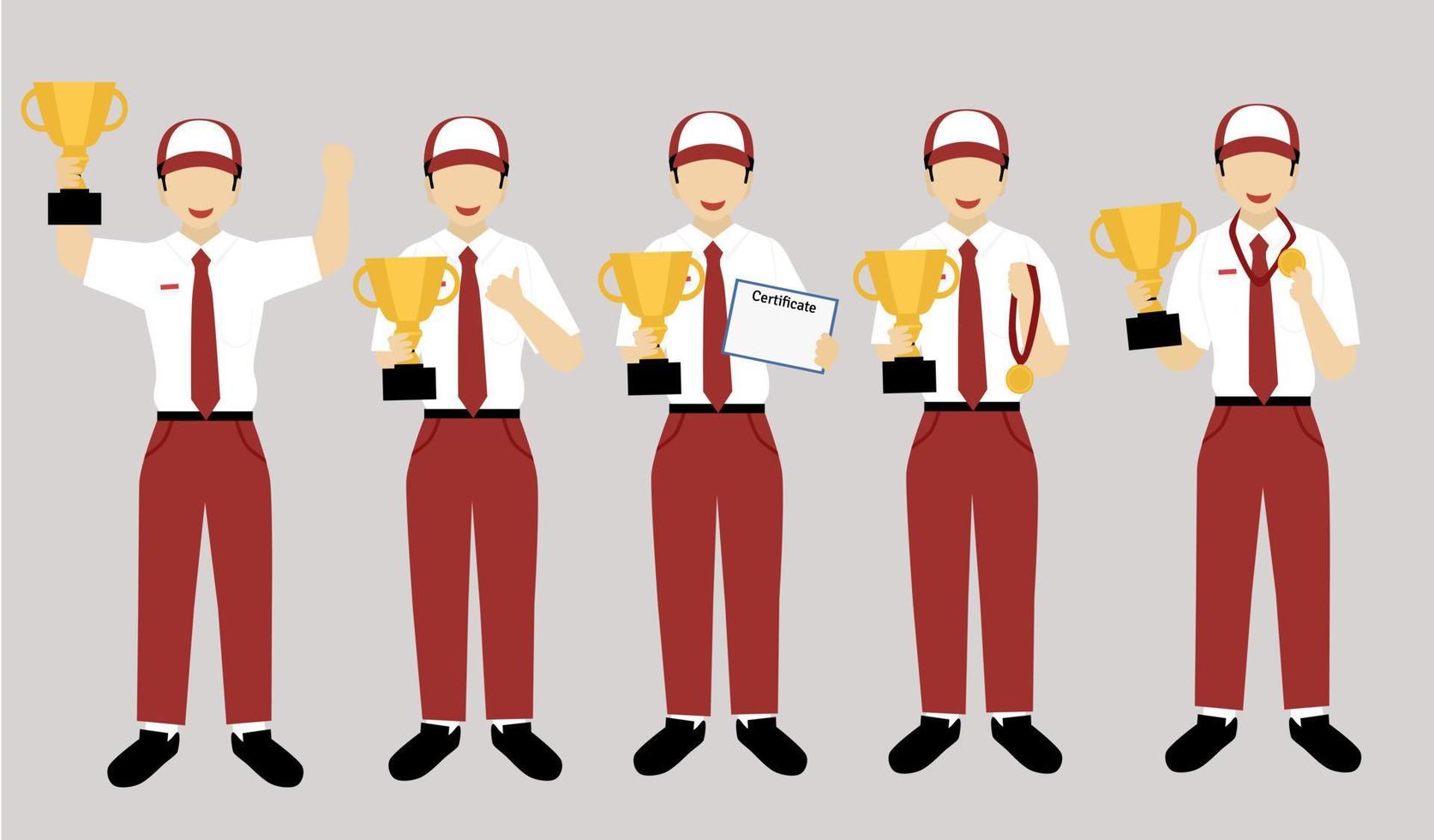 elementary school student of indonesia holding medals and trophy vector