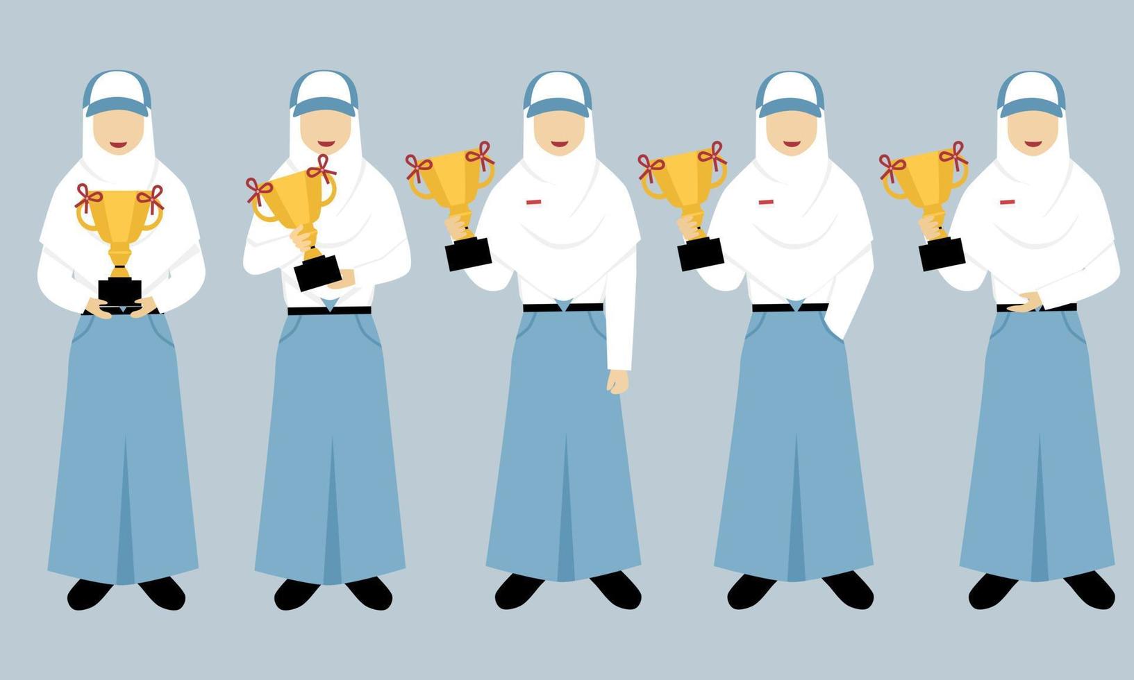 senior high school muslim woman student of indonesia holding trophy character illustration set vector