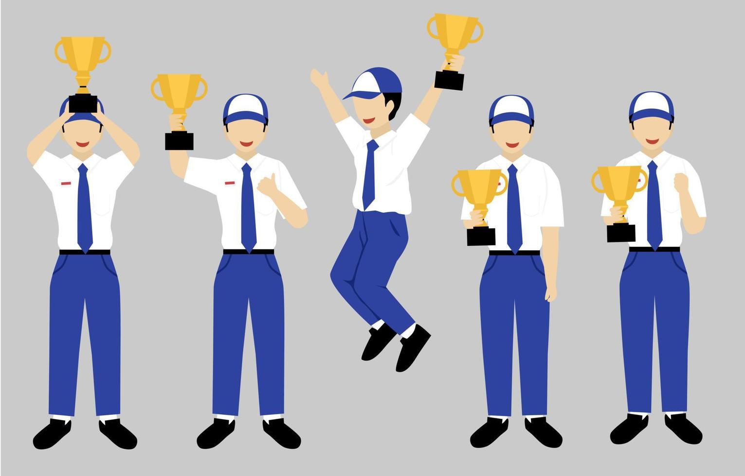 character illustration set of indonesia junior high school student holding trophy, competition element vector